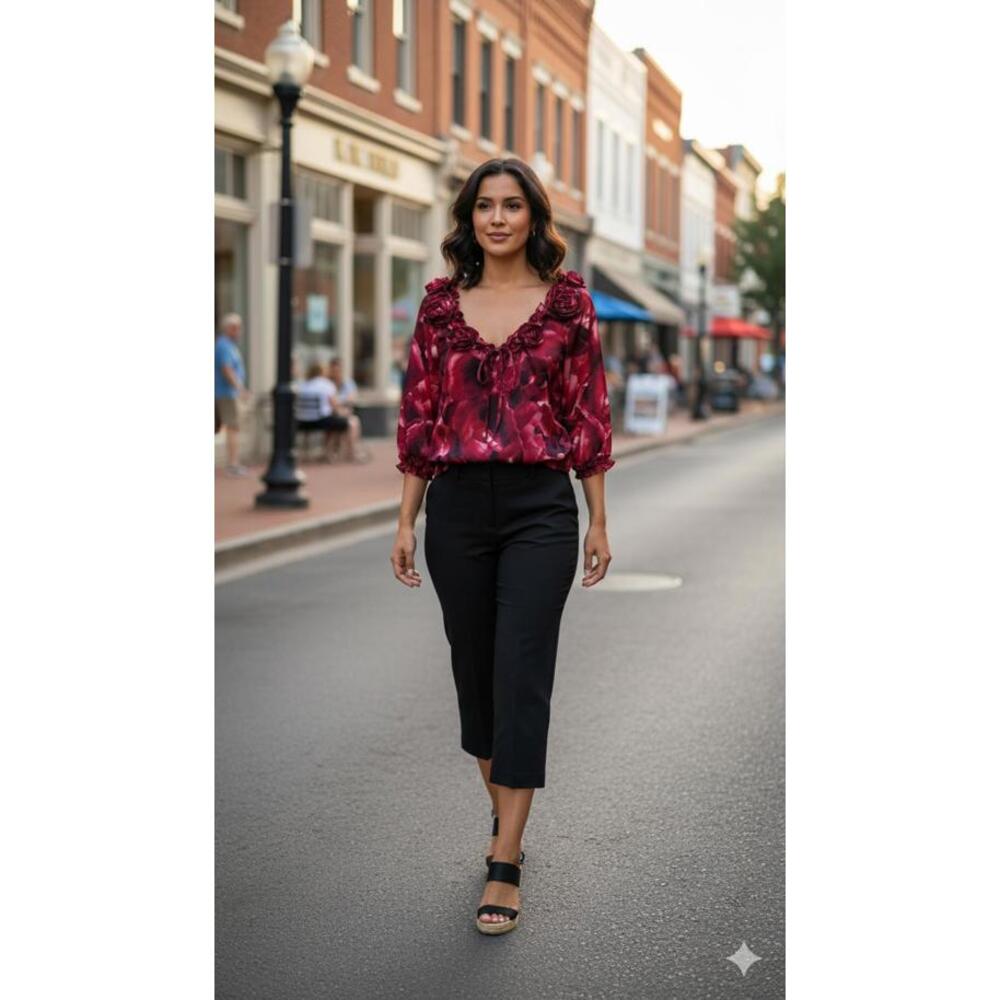 White House Black Market Red Floral 3/4 Sleeve Blouse Size S